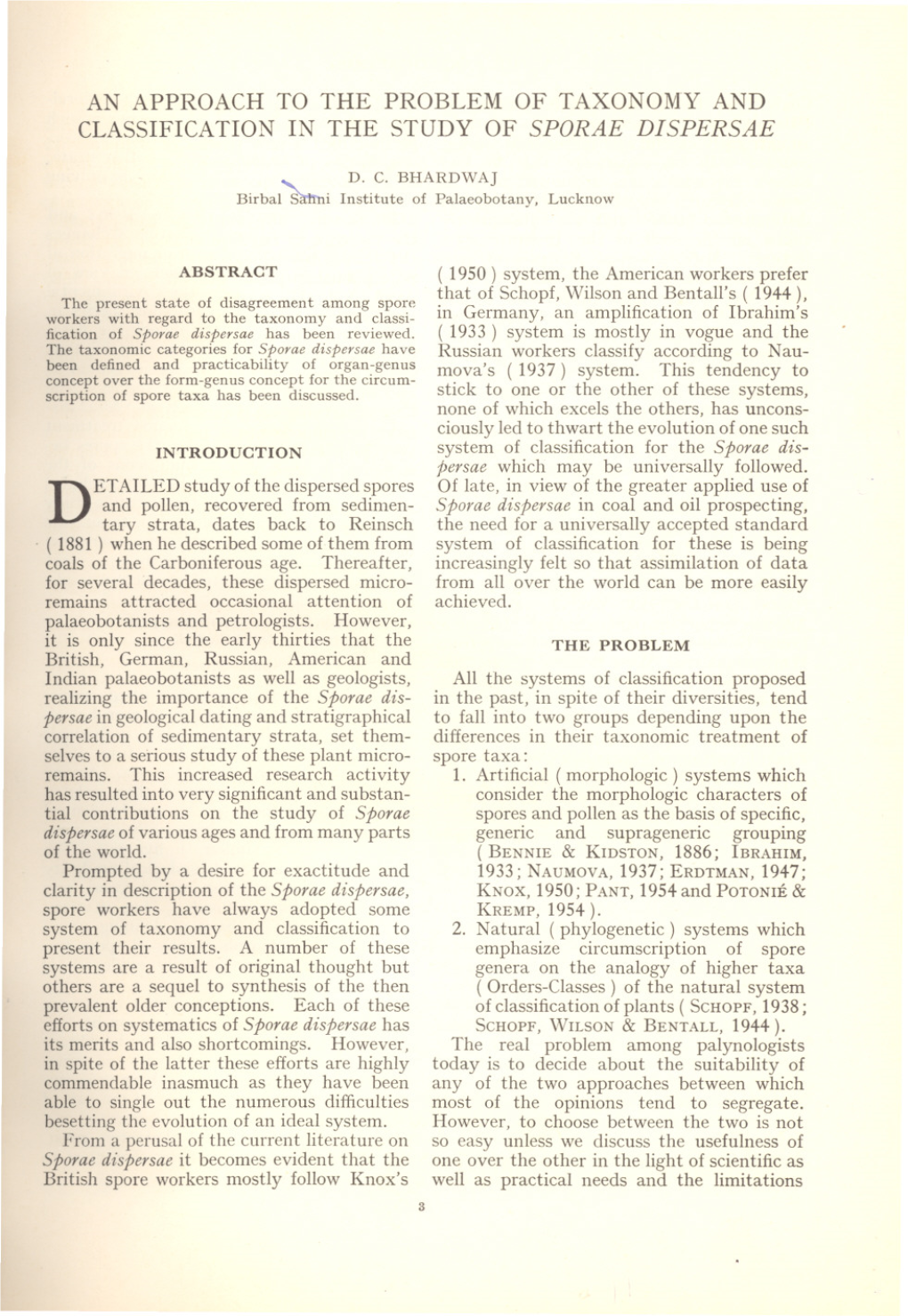 An Approach to the Problem of Taxonomy and Classification in the Study of Sporae Dispersae