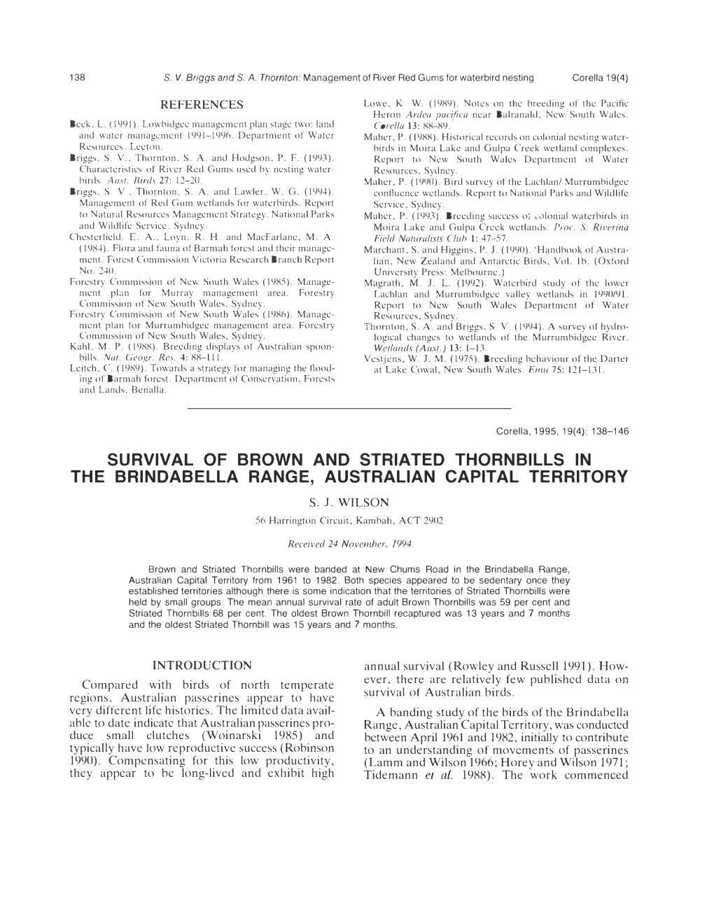 Survival of Brown and Striated Thornbills in the Brindabella Range, Australian Capital Territory S