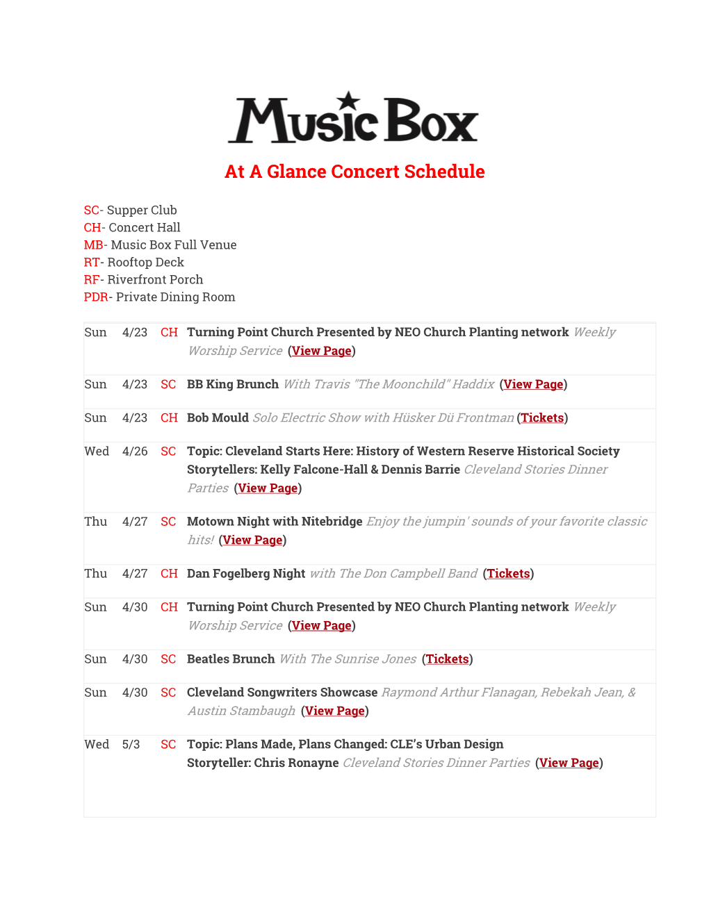 At a Glance Concert Schedule