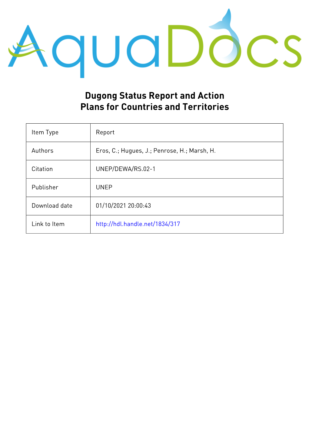 Dugong Status Report and Action Plans for Countries and Territories