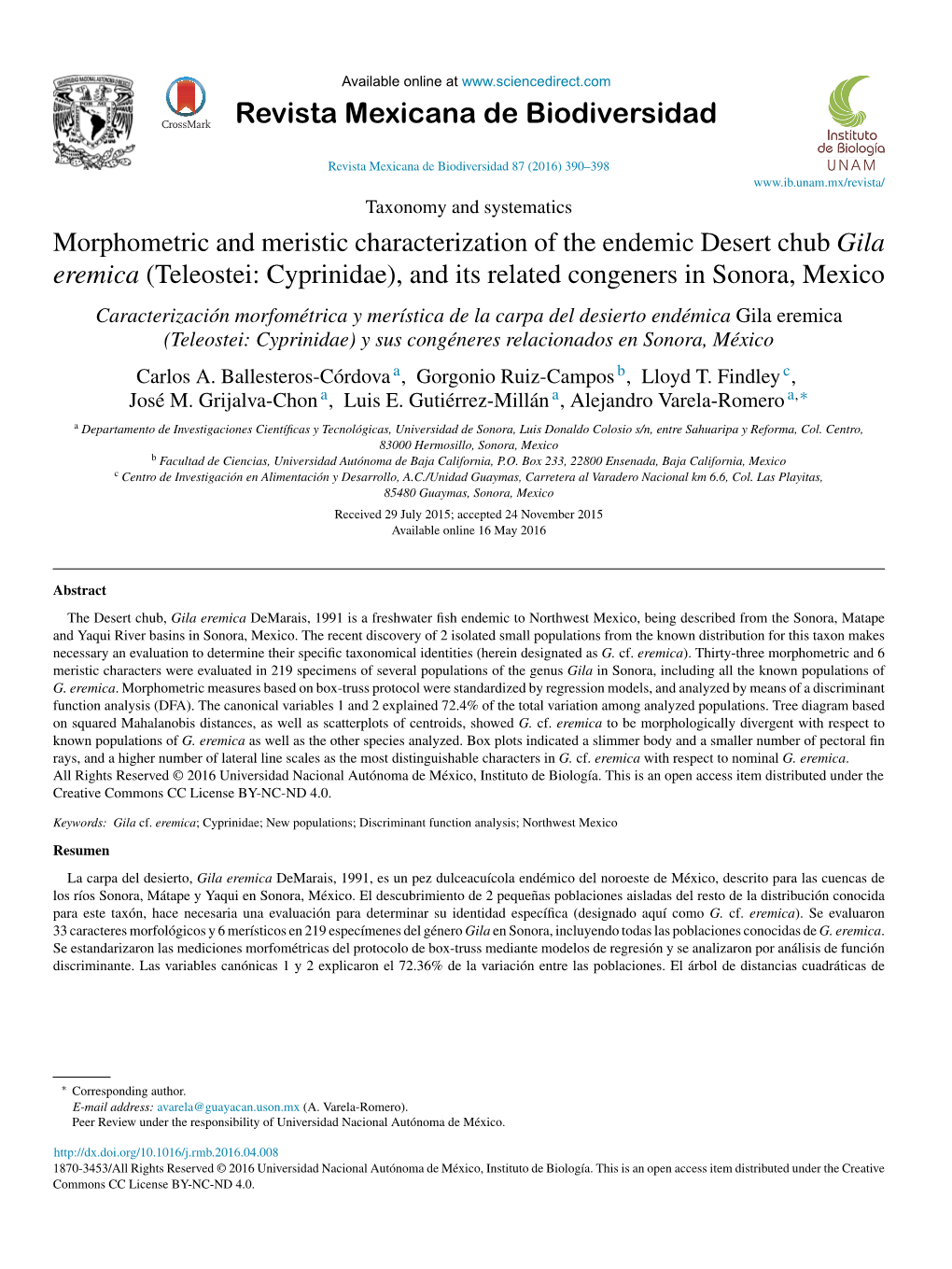 Teleostei: Cyprinidae), and Its Related Congeners in Sonora, Mexico