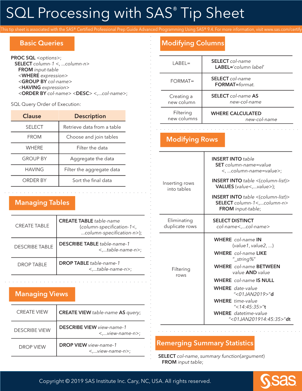 SQL Processing with SAS® Tip Sheet