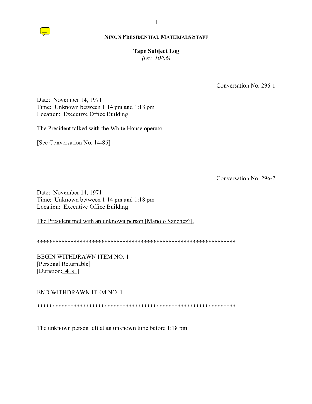 EOB #296: November 14, 1971 [Complete Tape Subject Log]