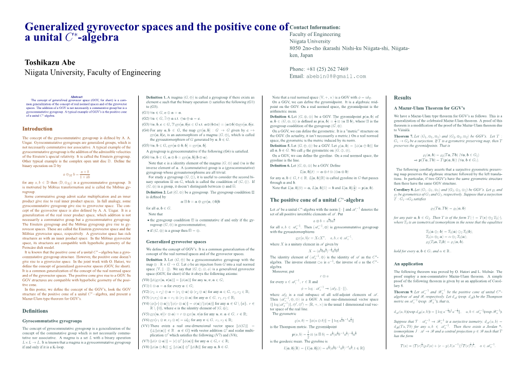 Generalized Gyrovector Spaces and the Positive Cone of a Unital C