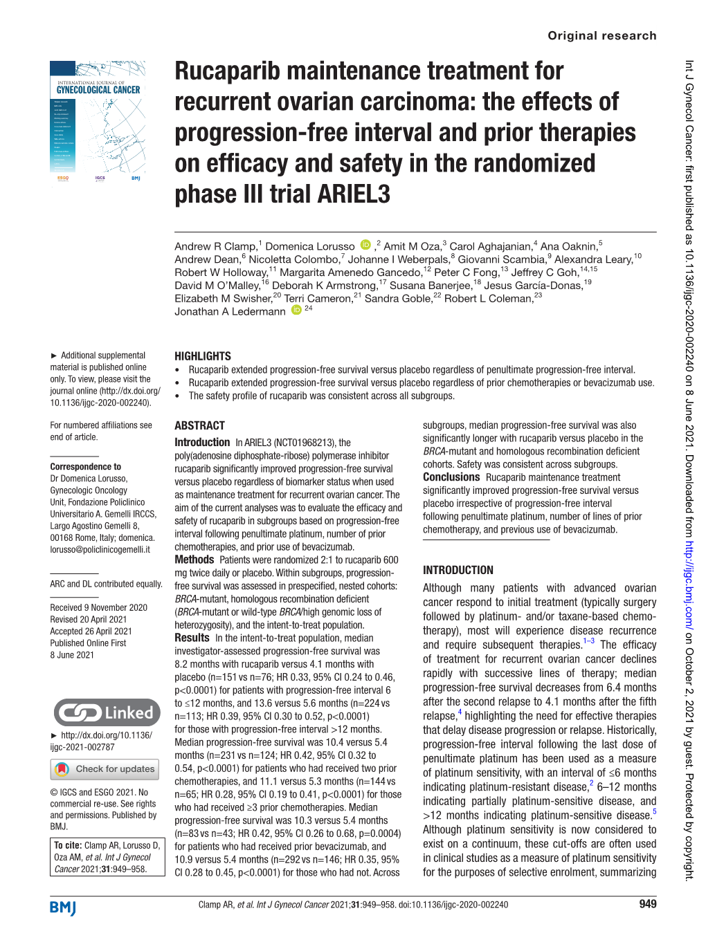 Rucaparib Maintenance Treatment for Recurrent Ovarian Carcinoma: The