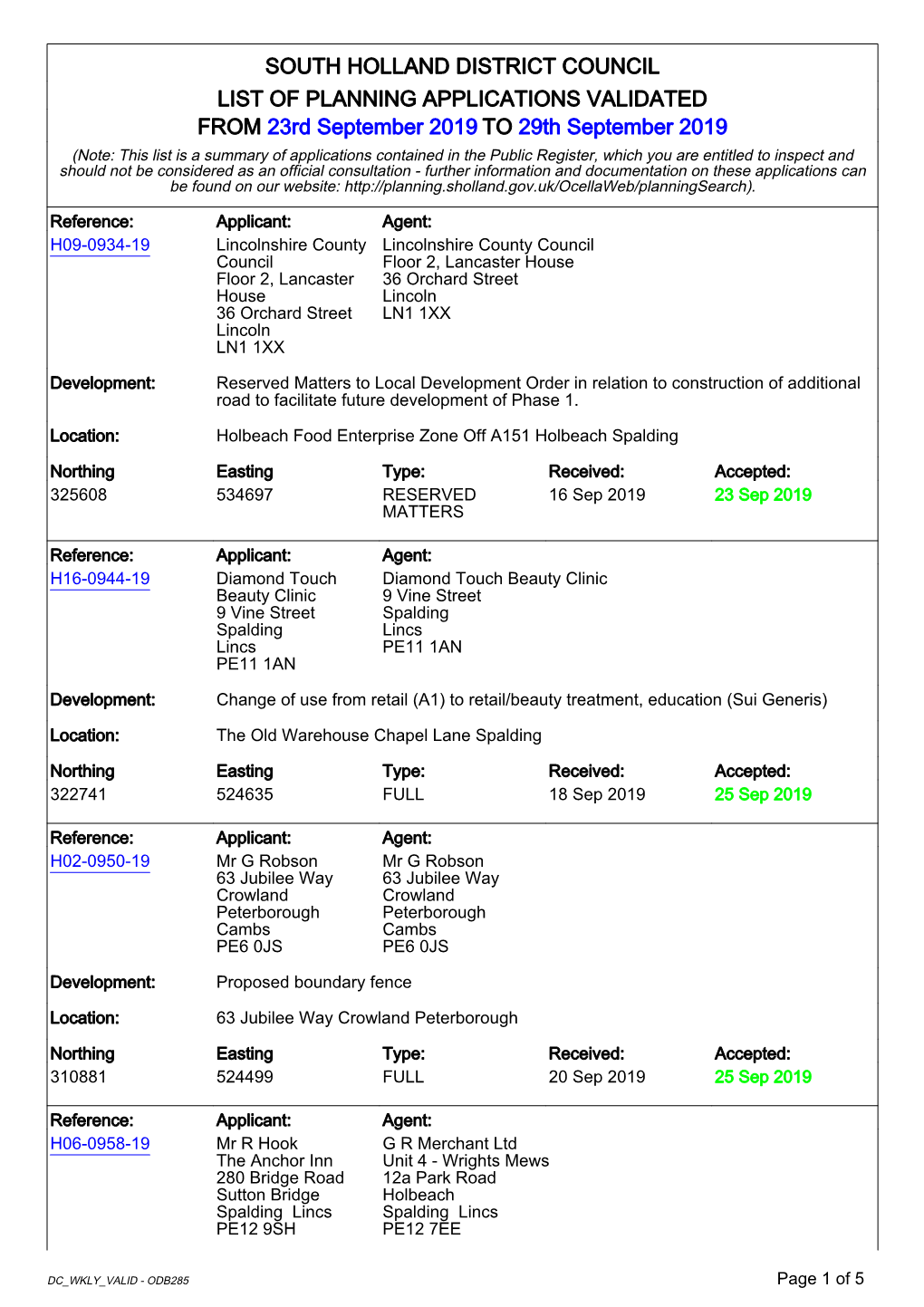 South Holland District Council List of Planning