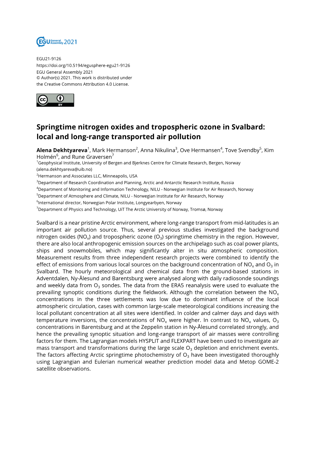 Springtime Nitrogen Oxides and Tropospheric Ozone in Svalbard: Local and Long-Range Transported Air Pollution