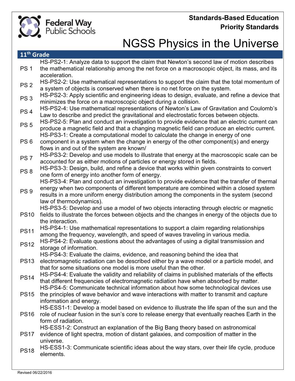 NGSS Physics in the Universe