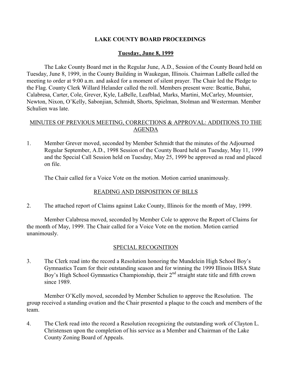 Lake County Board Proceedings Tuesday, June 08, 1999