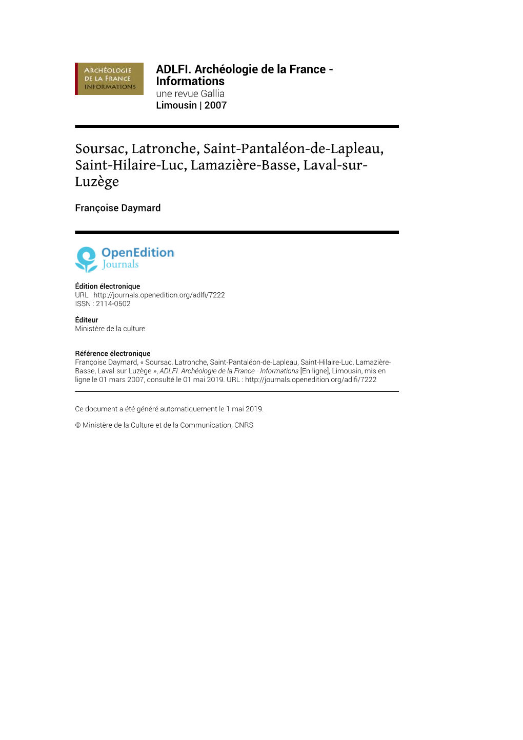 ADLFI. Archéologie De La France - Informations Une Revue Gallia Limousin | 2007