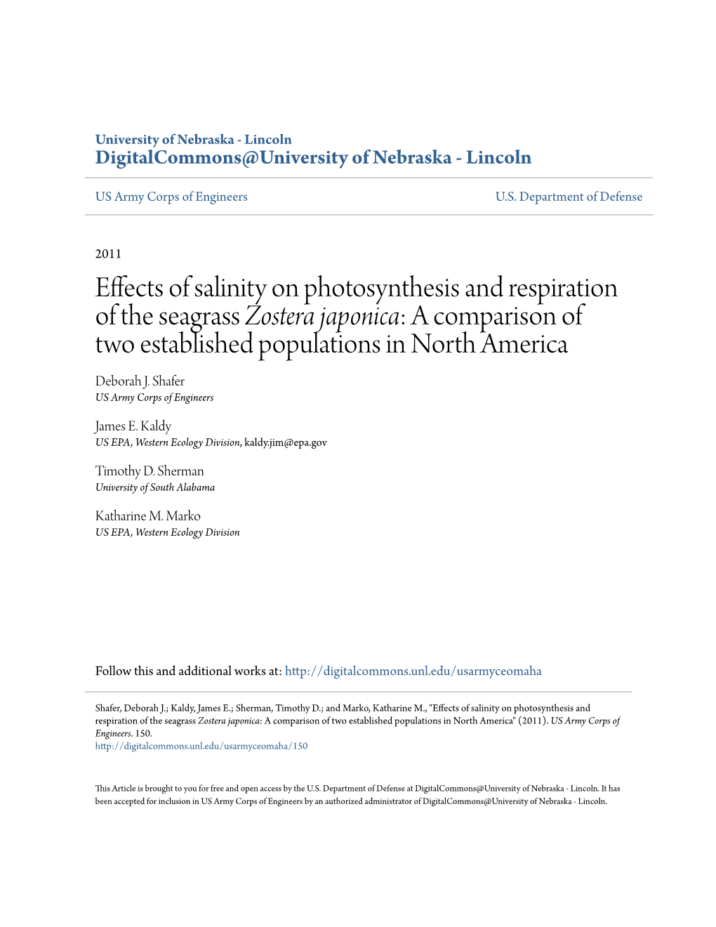 Effects of Salinity on Photosynthesis and Respiration of the Seagrass Zostera Japonica: a Comparison of Two Established Populations in North America Deborah J