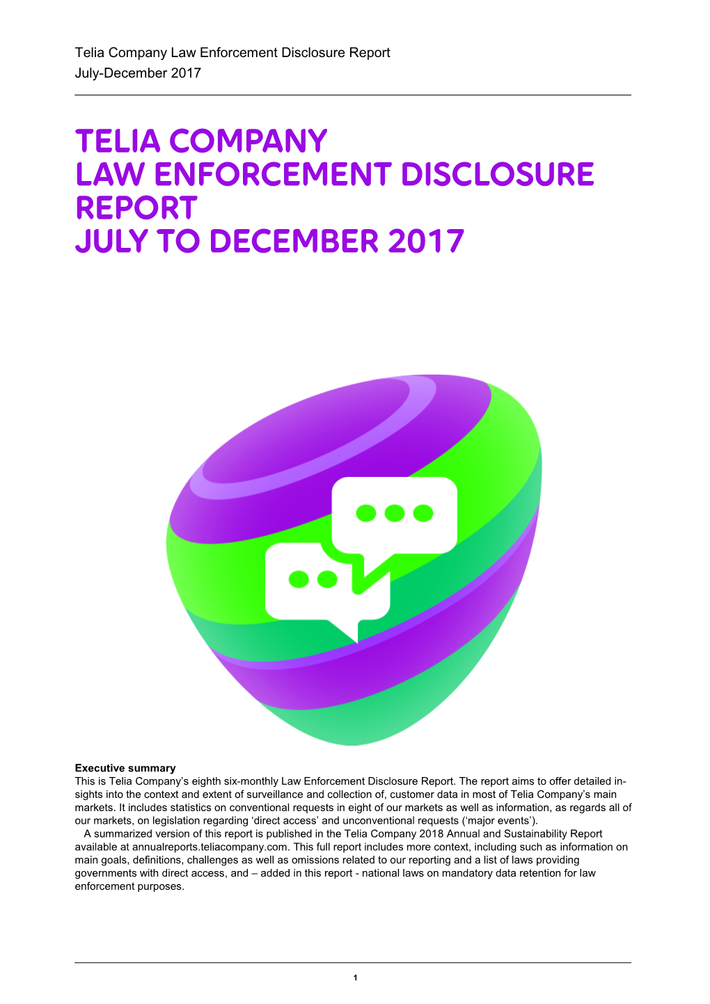 Telia Company Law Enforcement Disclosure Report July to December 2017