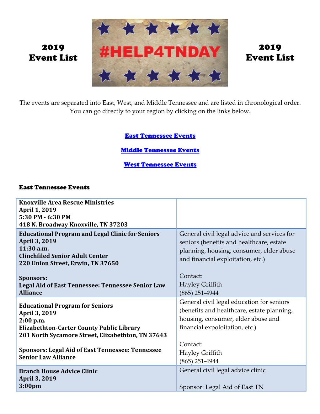 List of HELP4TN Events