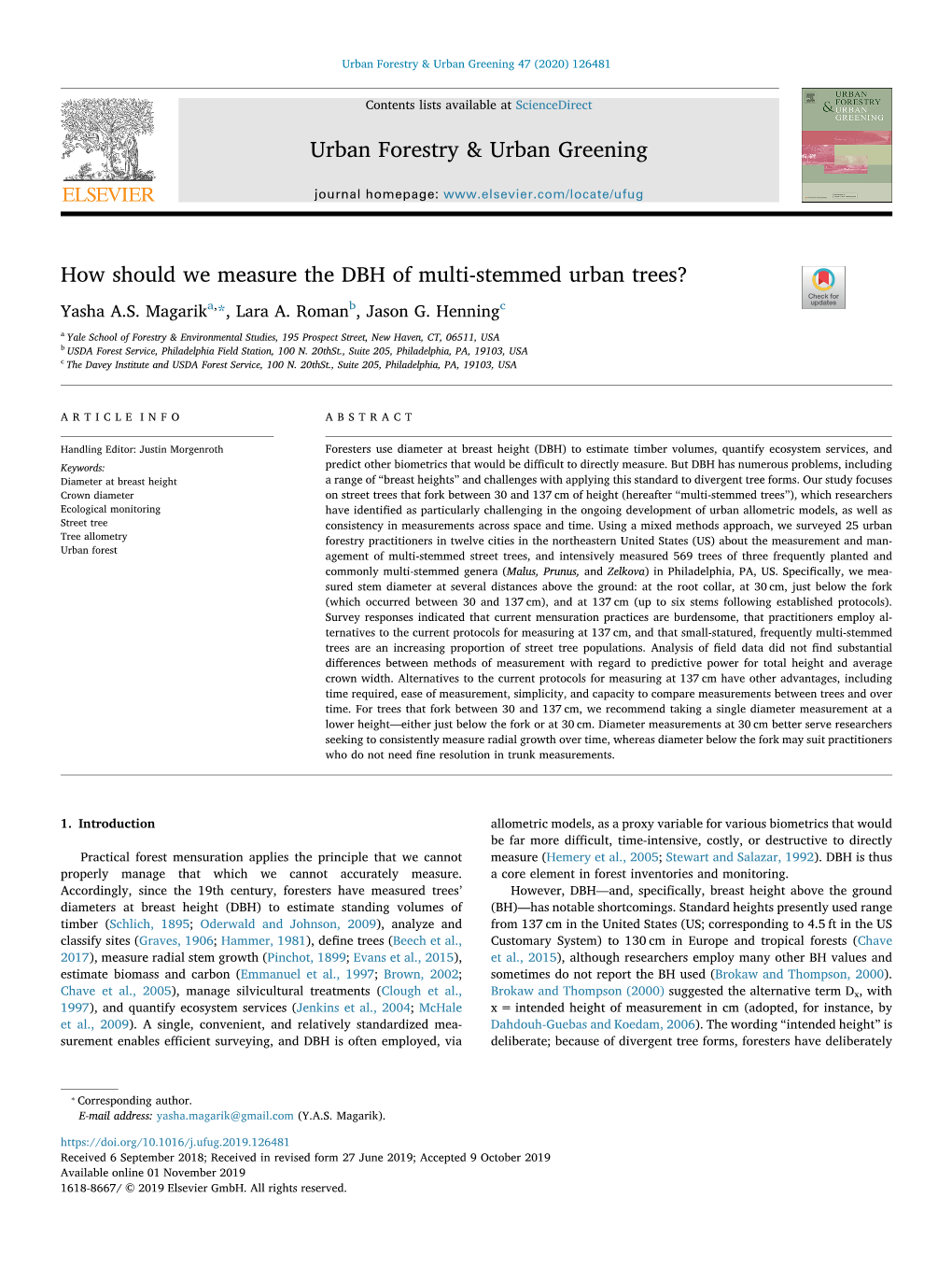 How Should We Measure the DBH of Multi-Stemmed Urban Trees? T Yasha A.S