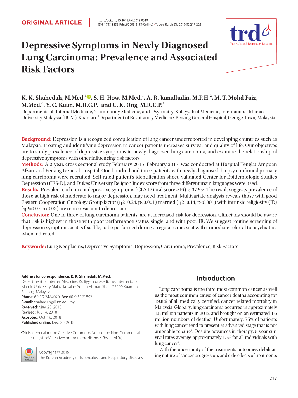 Depressive Symptoms in Newly Diagnosed Lung Carcinoma: Prevalence and Associated Risk Factors