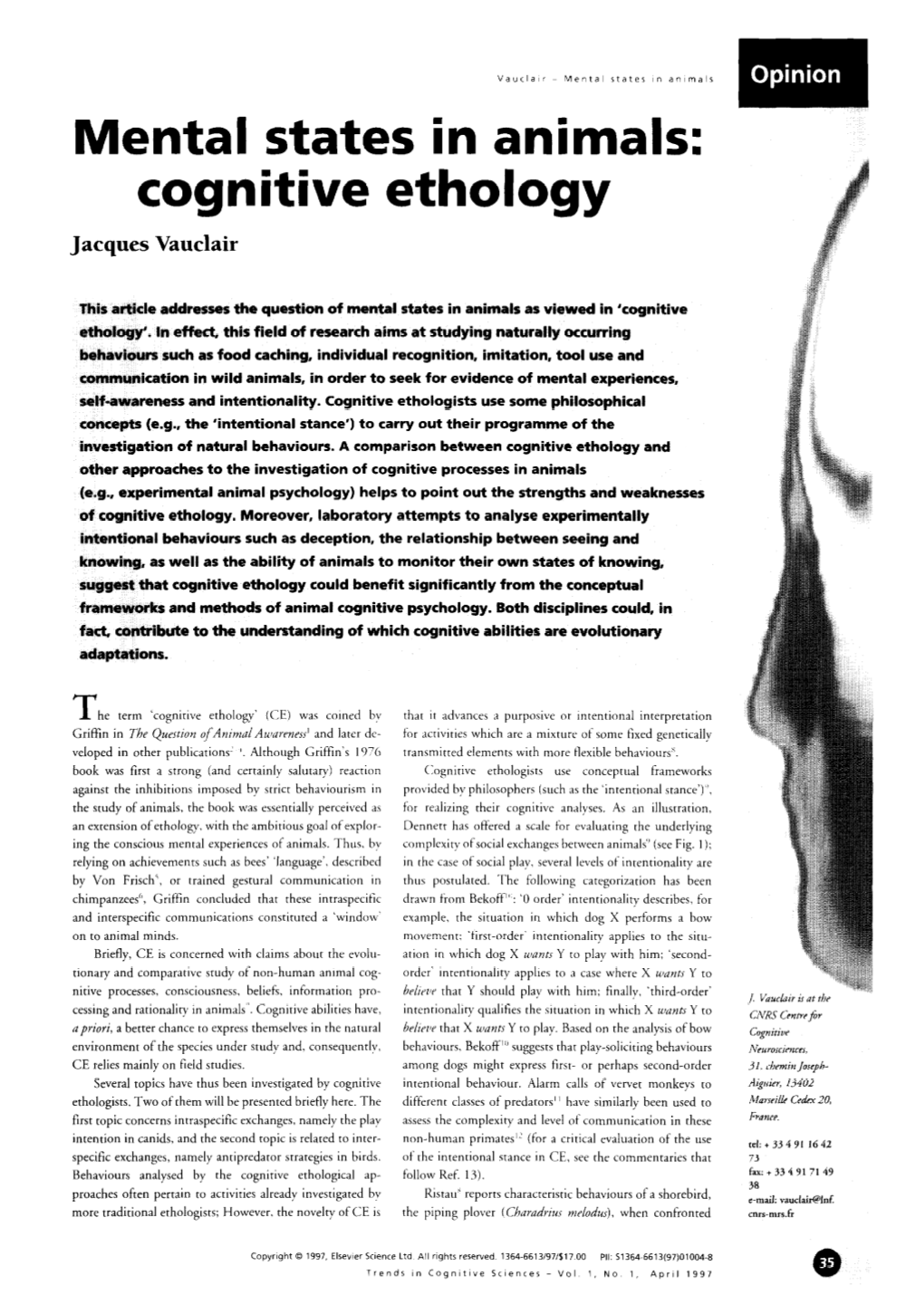 Mental States in Animals: Cognitive Ethology Jacques Vauclair