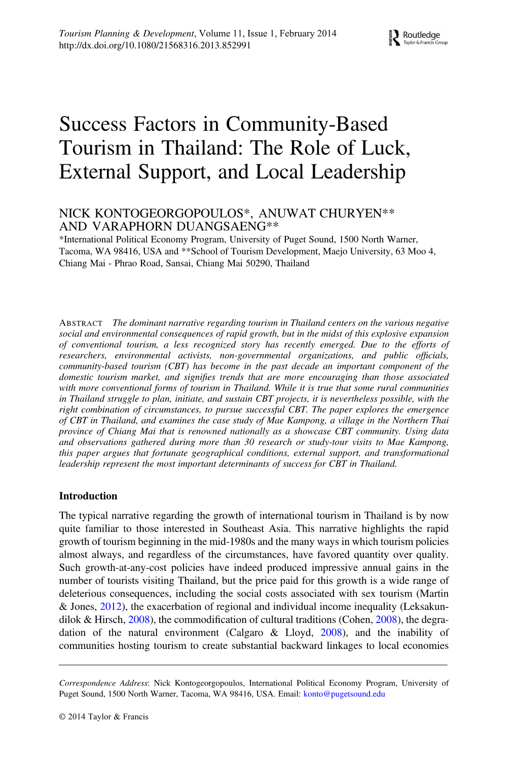 Success Factors in Community-Based Tourism in Thailand: the Role of Luck, External Support, and Local Leadership