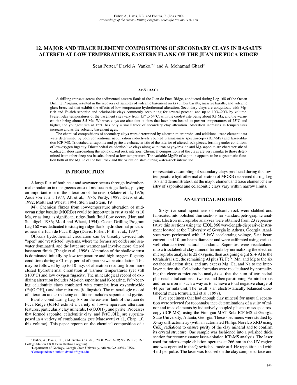 12. Major and Trace Element Compositions of Secondary Clays in Basalts Altered at Low Temperature, Eastern Flank of the Juan De Fuca Ridge1