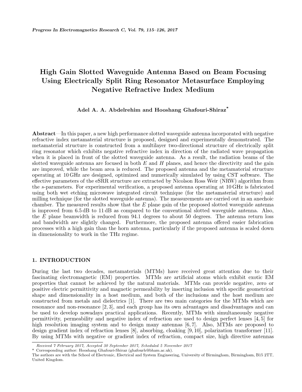 High Gain Slotted Waveguide Antenna Based on Beam Focusing Using Electrically Split Ring Resonator Metasurface Employing Negative Refractive Index Medium