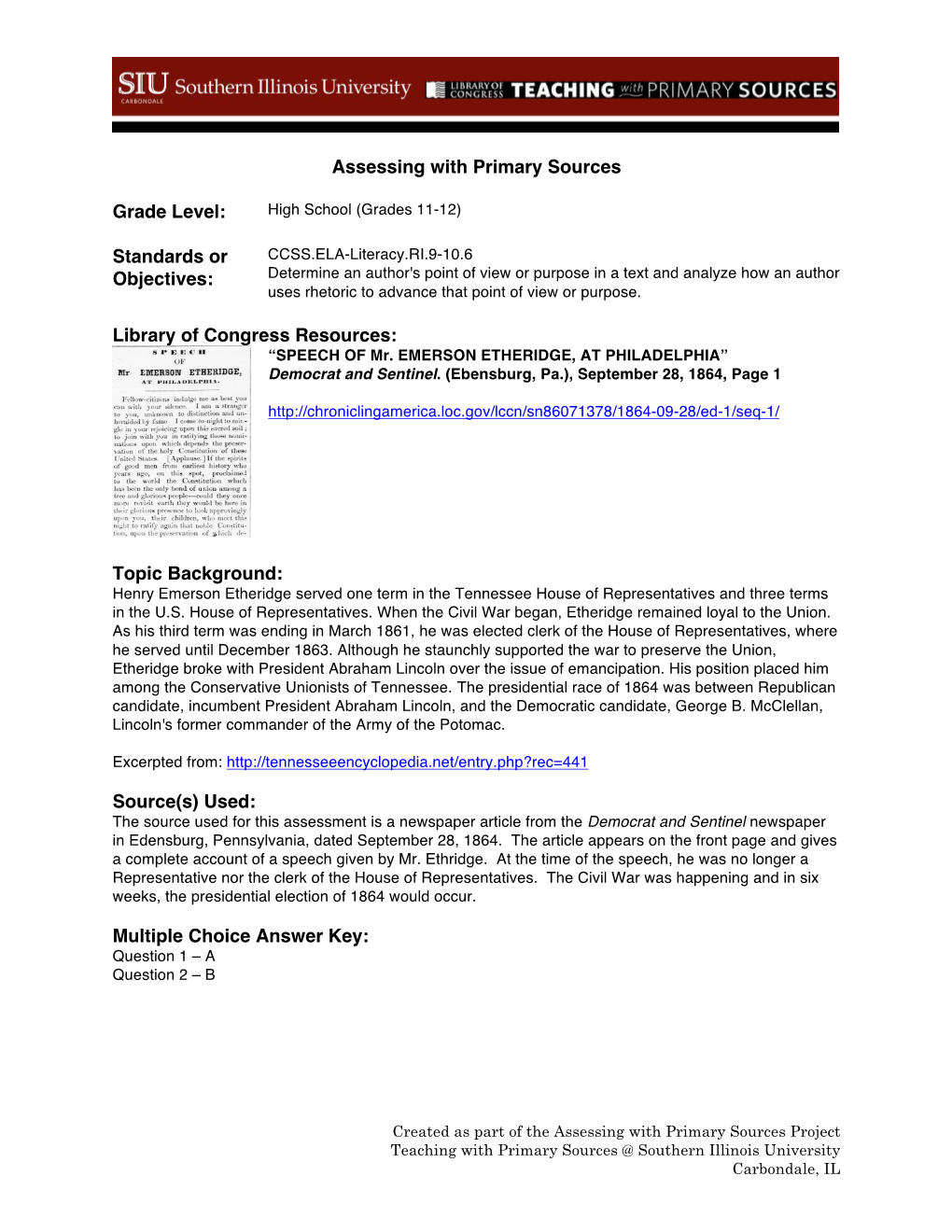 Assessing with Primary Sources Grade Level: Standards Or Objectives