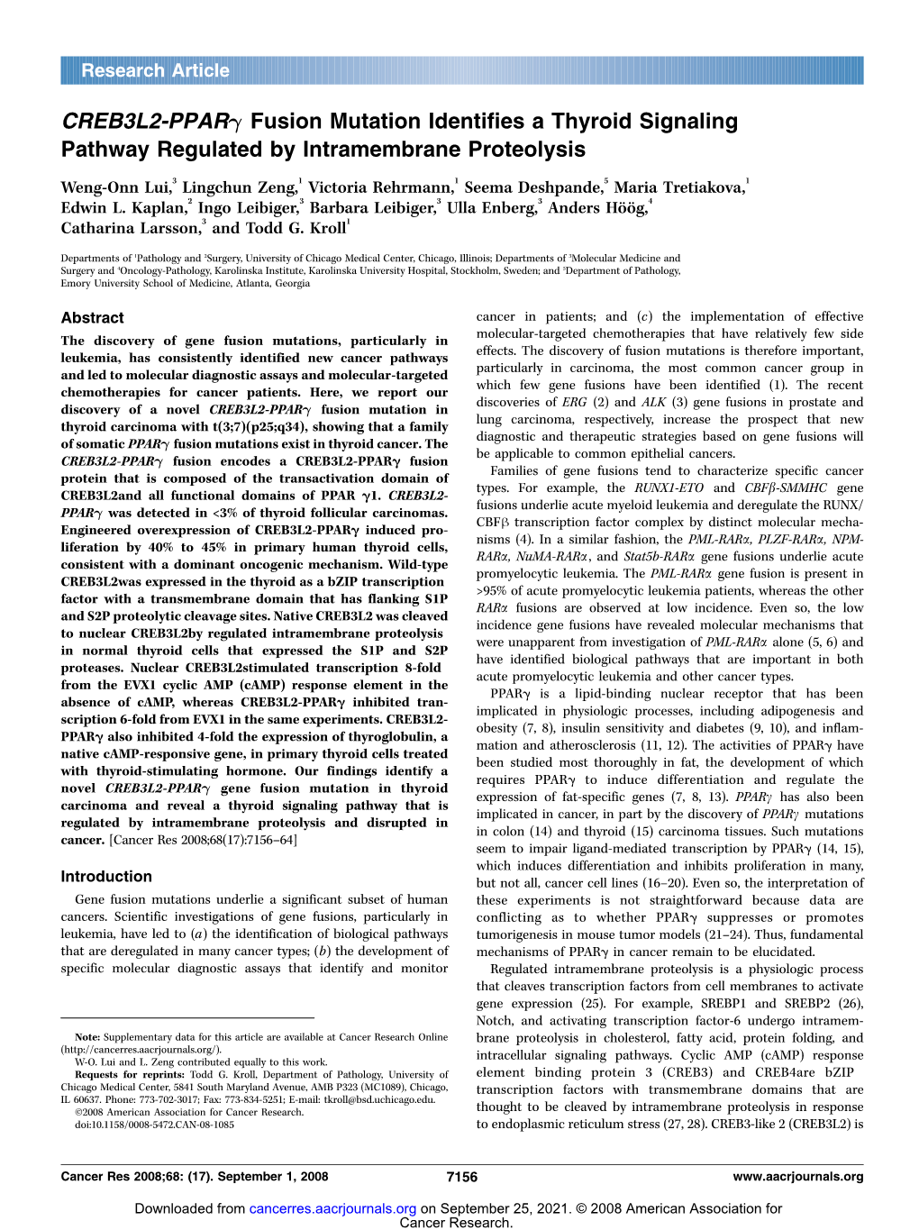 CREB3L2-Pparg Fusion Mutation Identifies a Thyroid Signaling Pathway Regulated by Intramembrane Proteolysis