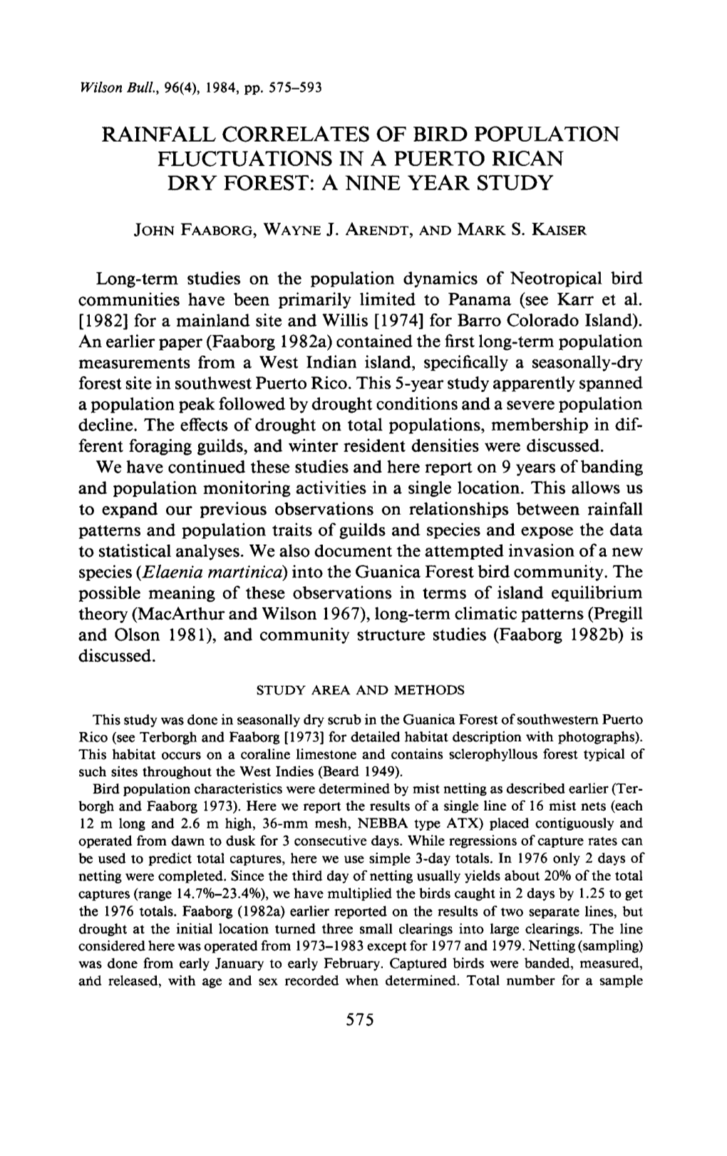 Rainfall Correlates of Bird Population Fluctuations in a Puerto Rican Dry Forest: a Nine Year Study