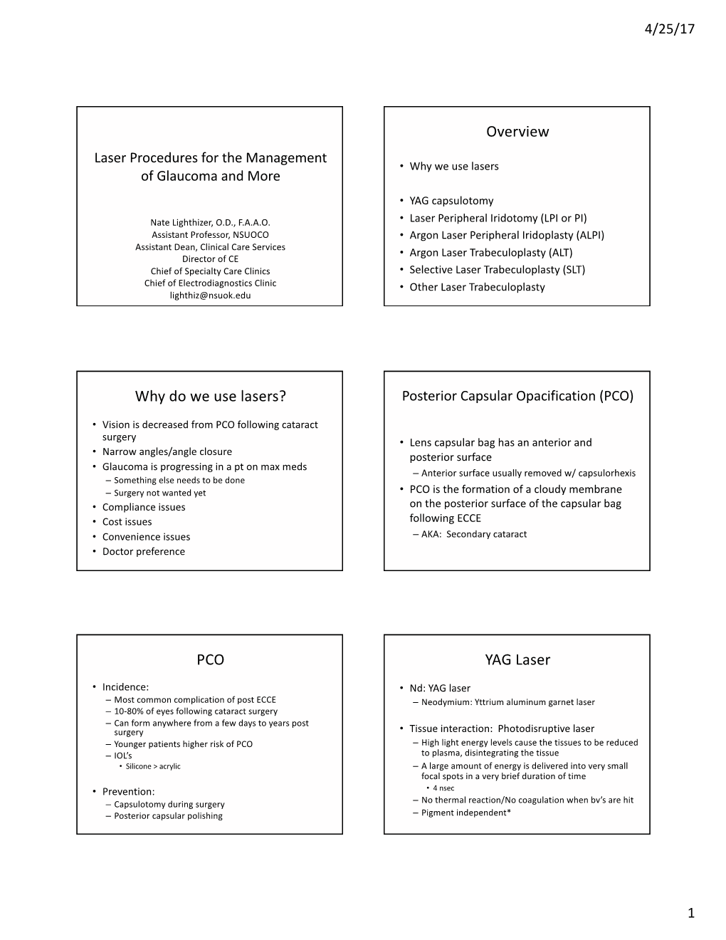 Laser Procedures for the Management of Glaucoma and More Handout