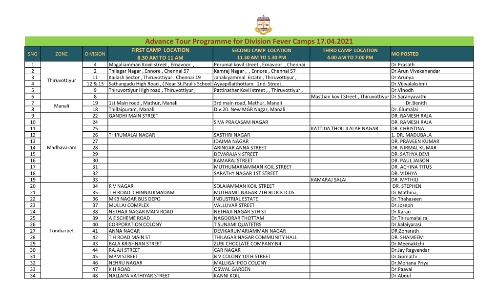 Advance Tour Programme for Division Fever Camps 17.04.2021