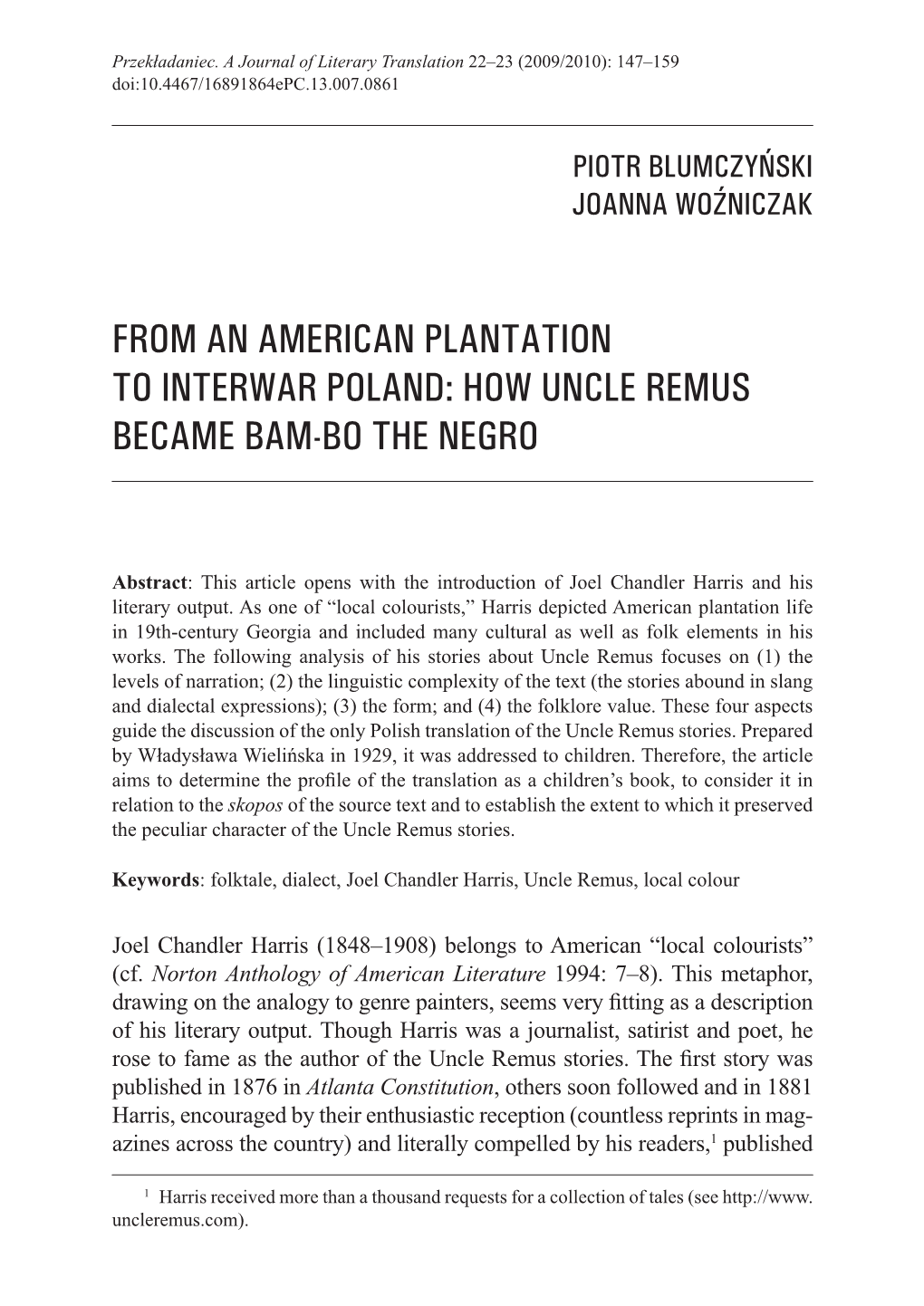 From an American Plantation to Interwar Poland: How Uncle Remus Became Bam-Bo the Negro