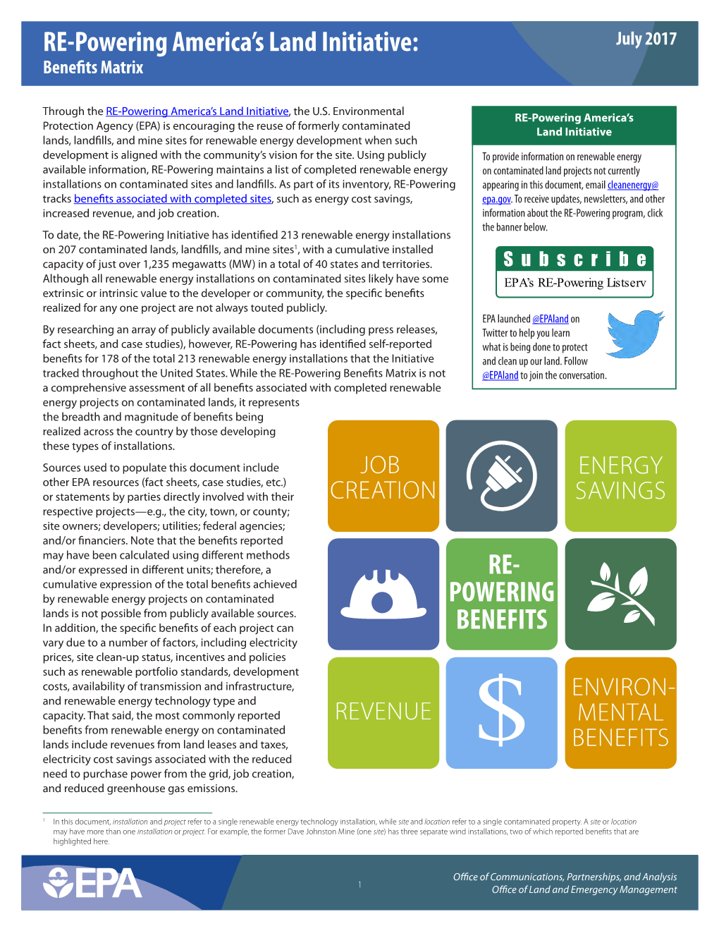 RE-Powering America's Land Initiative: Benefits Matrix, July 2017