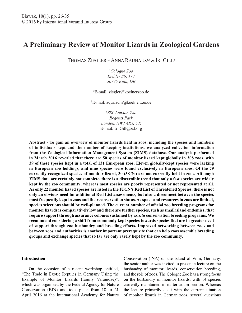 A Preliminary Review of Monitor Lizards in Zoological Gardens