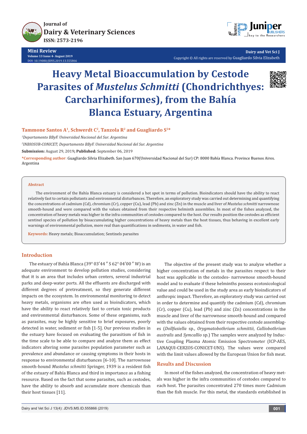 Heavy Metal Bioaccumulation by Cestode Parasites of Mustelus Schmitti (Chondrichthyes: Carcharhiniformes), from the Bahía Blanca Estuary, Argentina