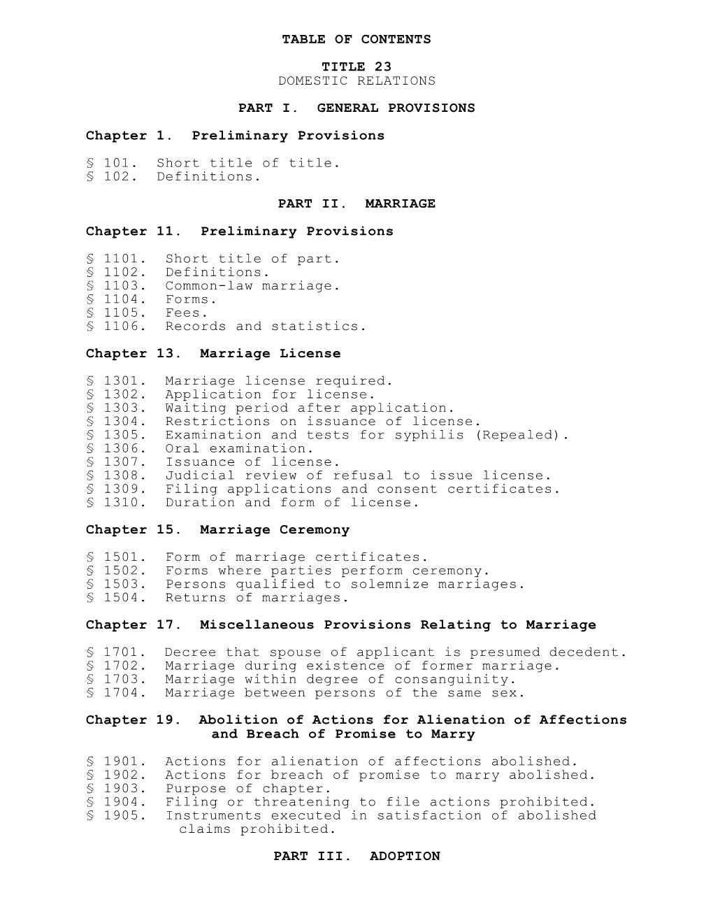 Table of Contents Title 23 Domestic Relations Part I