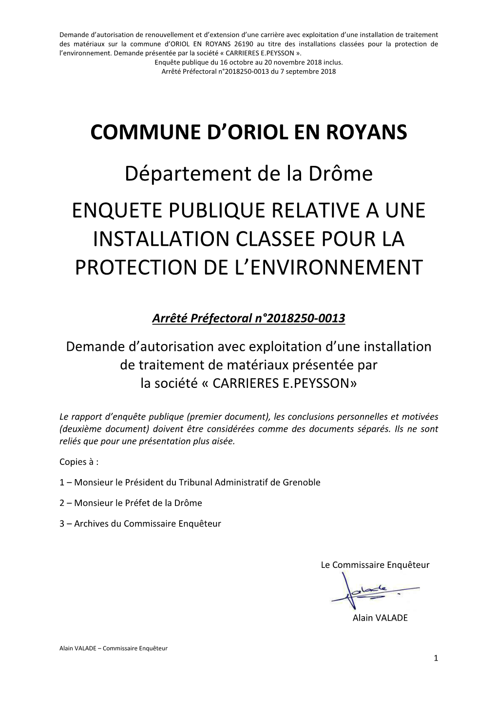 COMMUNE D'oriol EN ROYANS Département De La Drôme