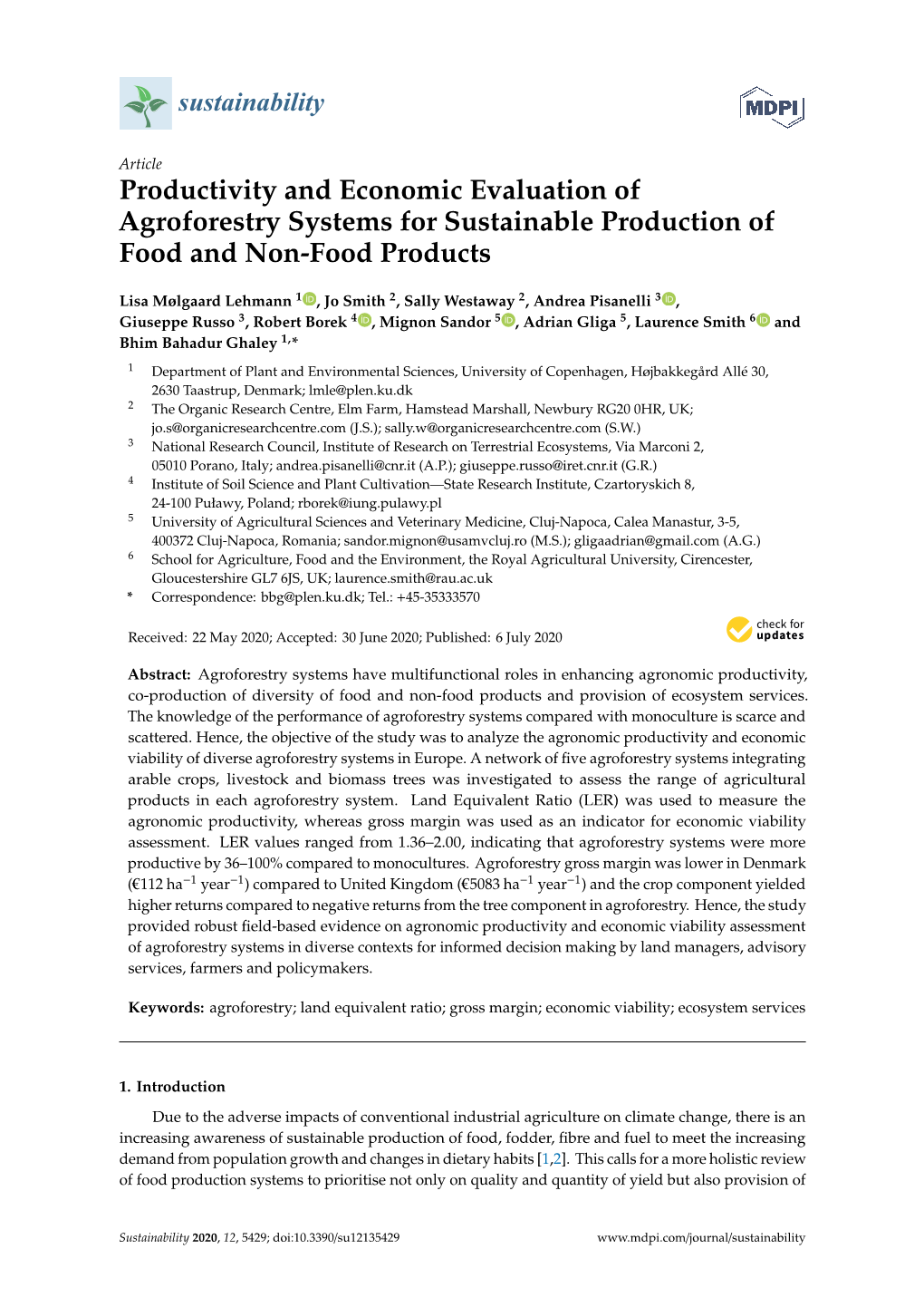 Productivity and Economic Evaluation of Agroforestry Systems for Sustainable Production of Food and Non-Food Products