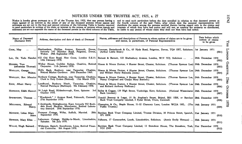 NOTICES UNDER the TRUSTEE ACT, 1925, S. 27 Notice Is Hereby Given Pursuant to S