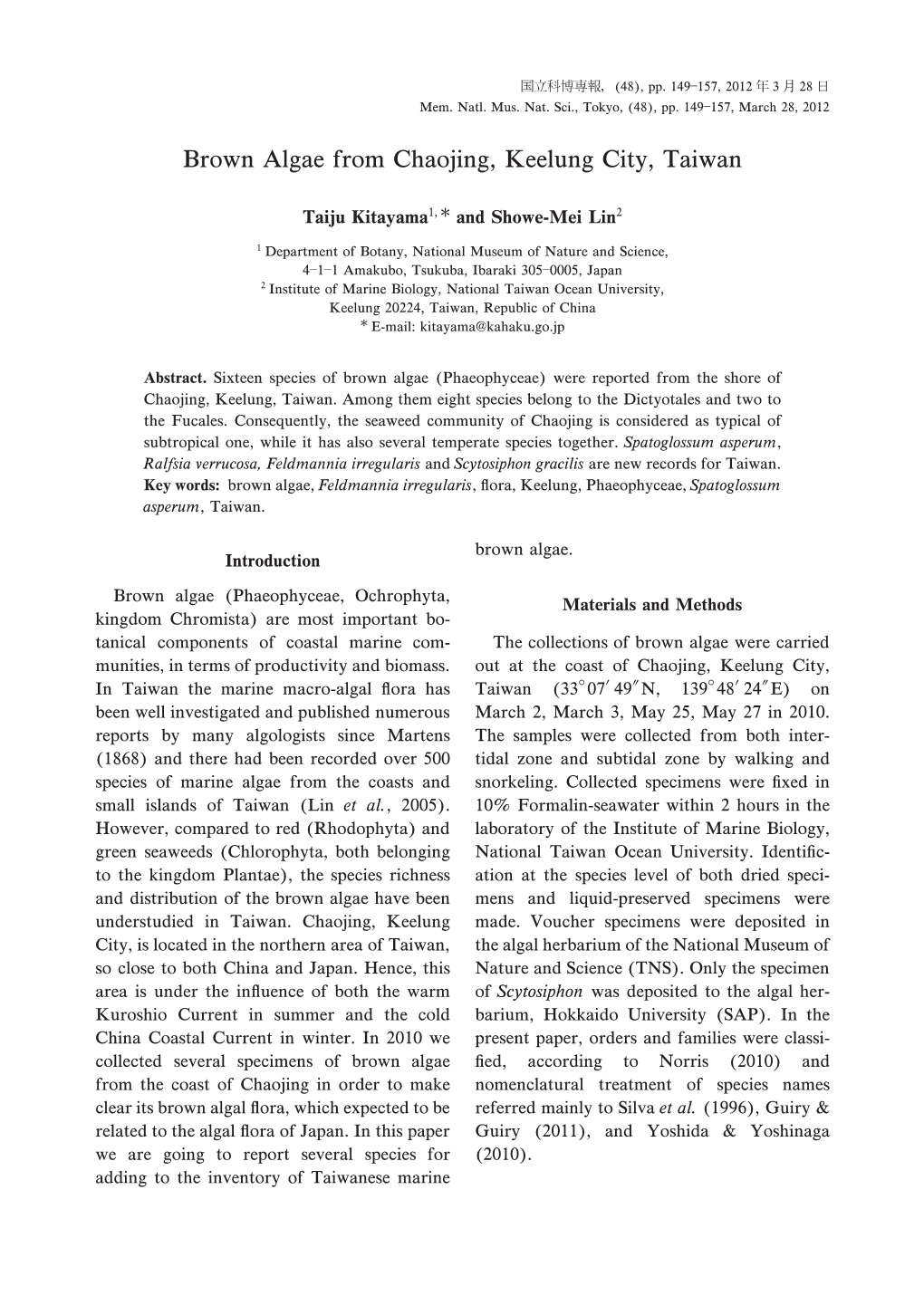 M., 2012. Brown Algae from Chaojing, Keelung City, Taiwan. Memoirs Of