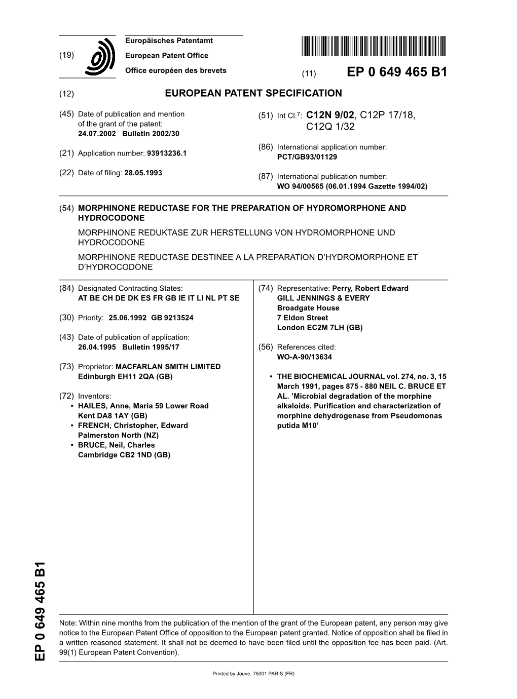 Morphinone Reductase for the Preparation Of