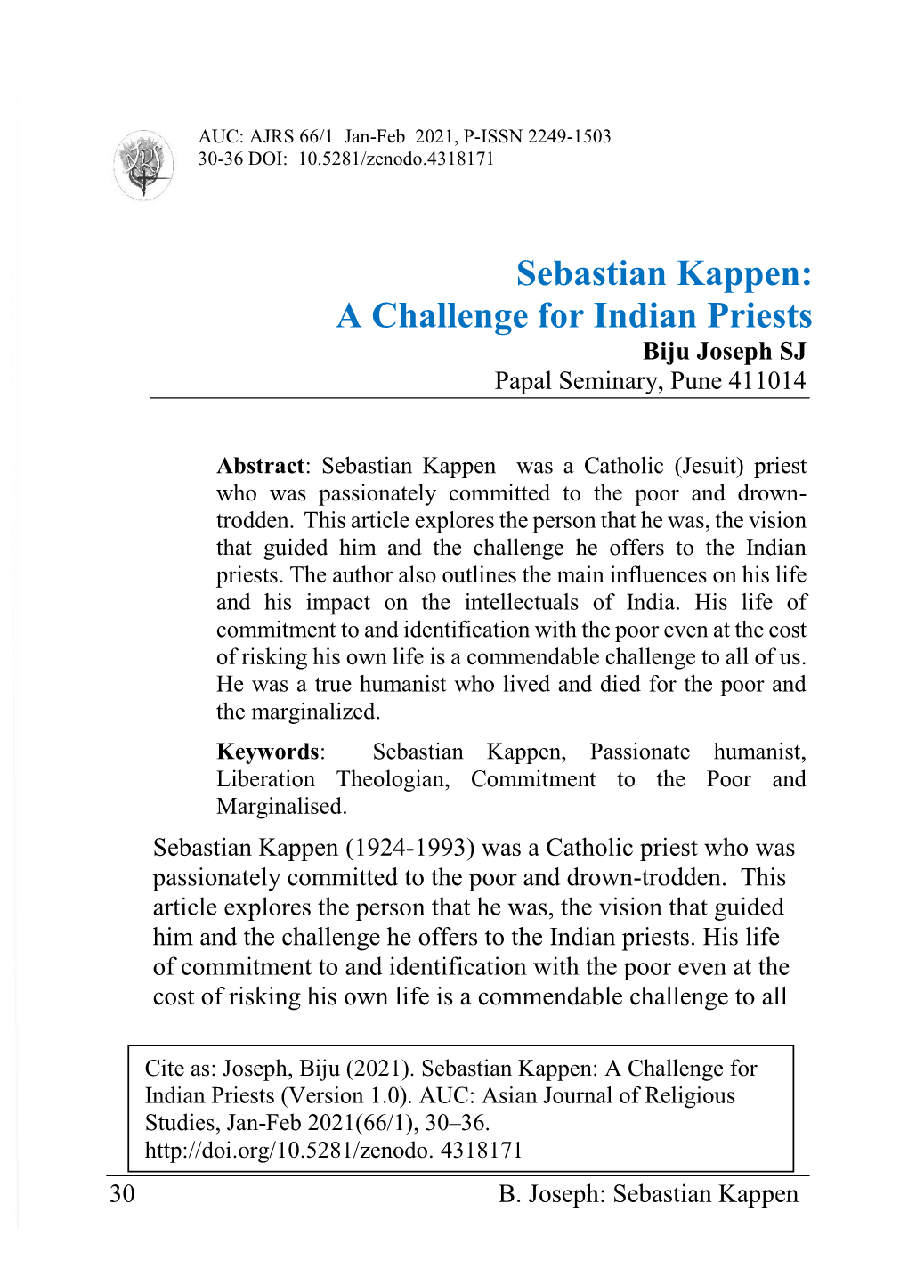 Sebastian Kappen: a Challenge for Indian Priests Biju Joseph SJ Papal Seminary, Pune 411014