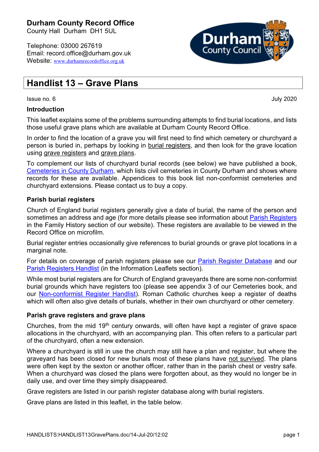 Handlist 13 – Grave Plans