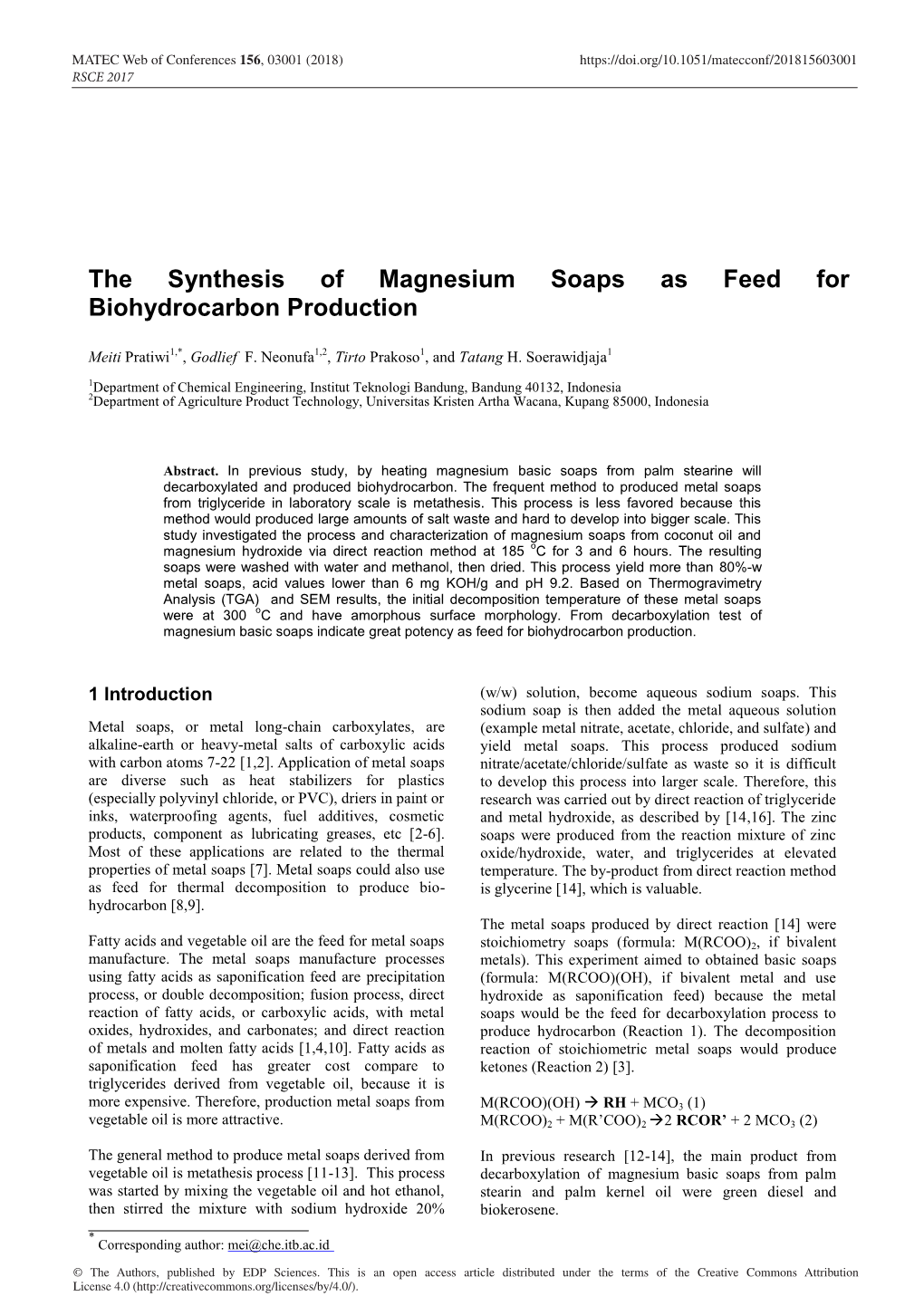 The Synthesis of Magnesium Soaps As Feed for Biohydrocarbon Production