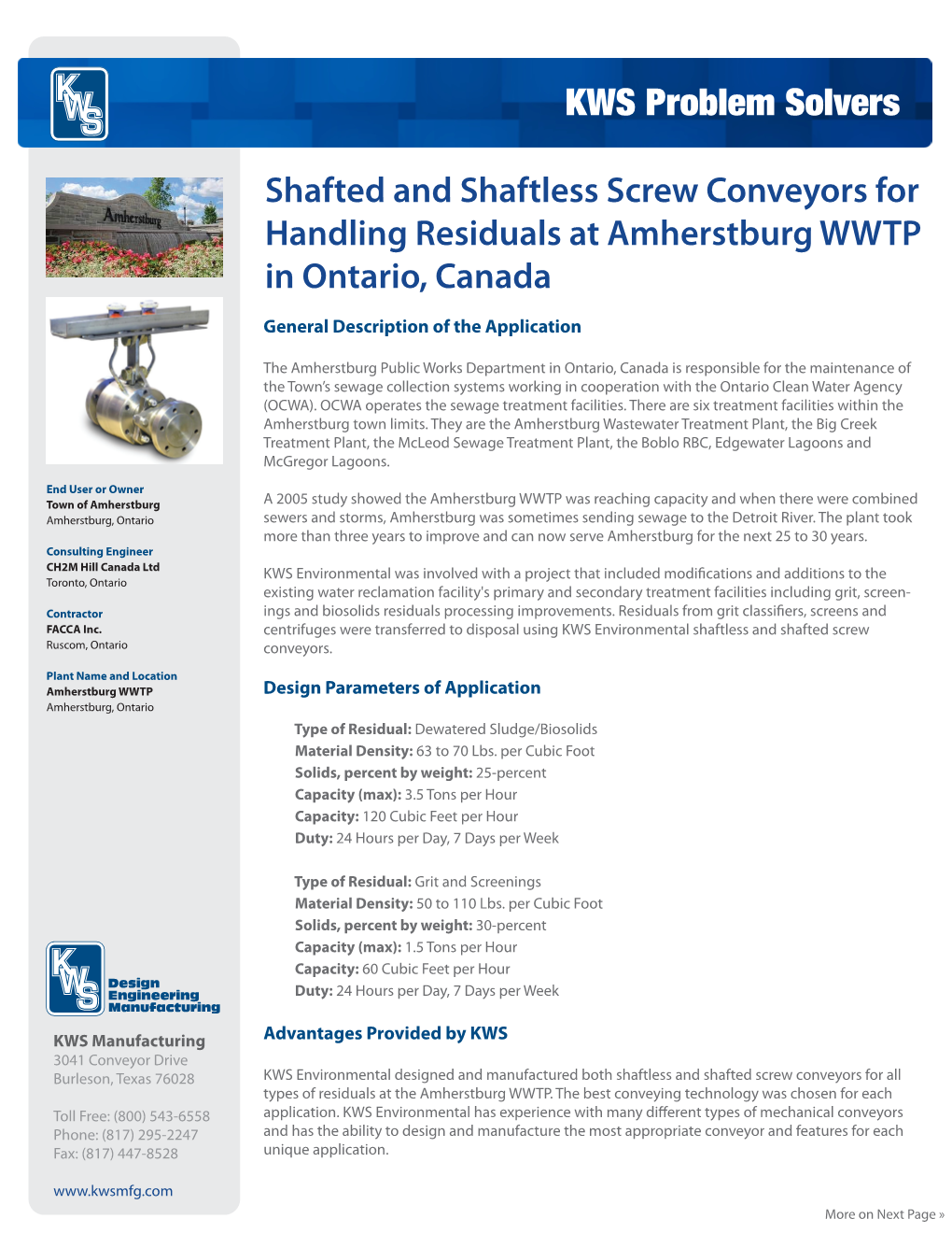 Shafted and Shaftless Screw Conveyors for Handling Residuals at Amherstburg WWTP in Ontario, Canada