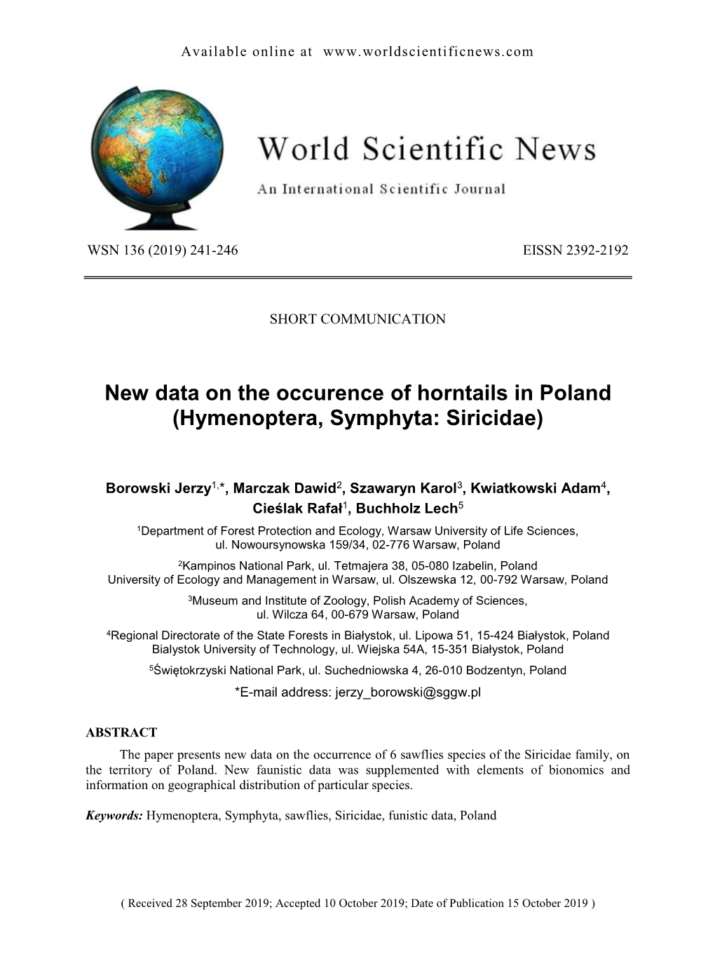New Data on the Occurence of Horntails in Poland (Hymenoptera, Symphyta: Siricidae)