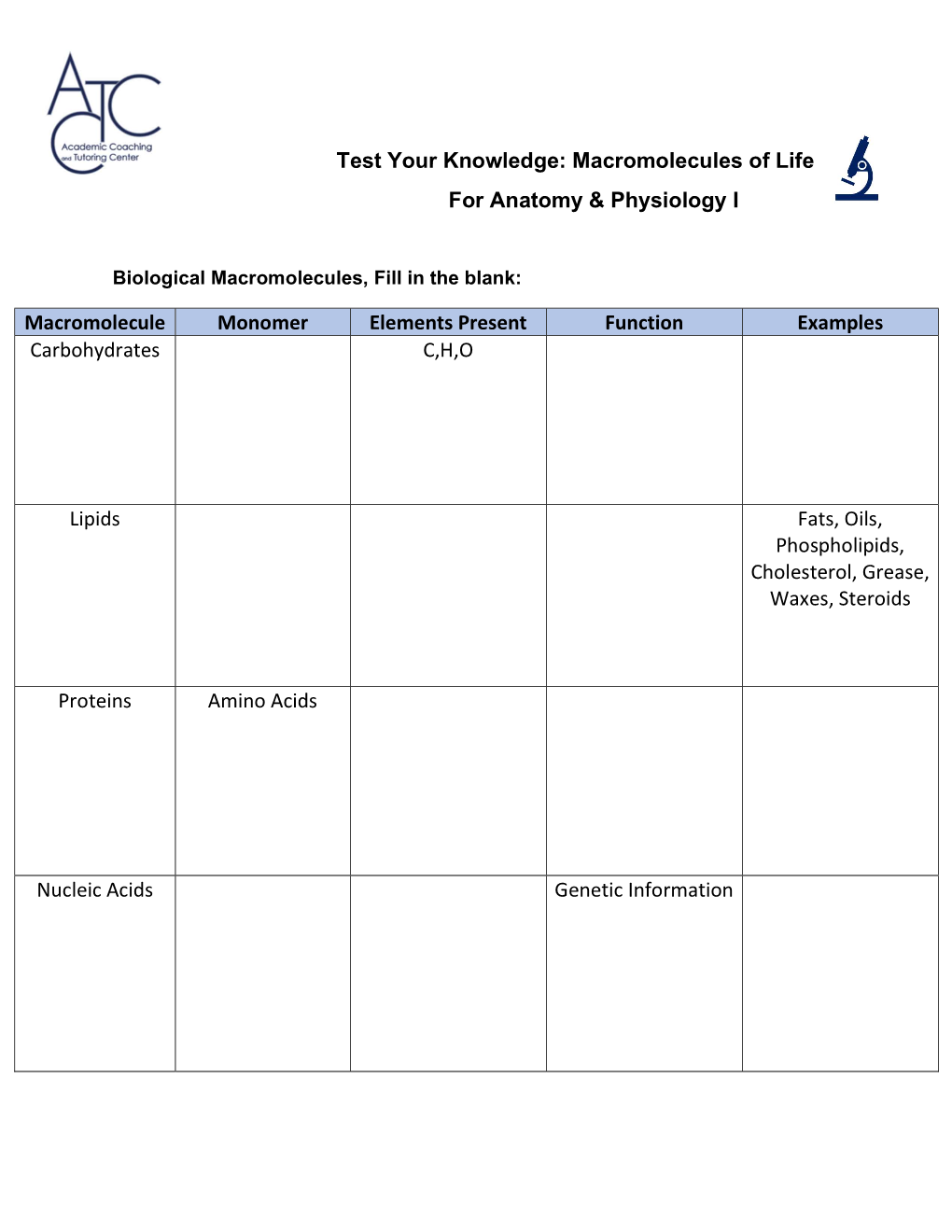 Macromolecules of Life Worksheet