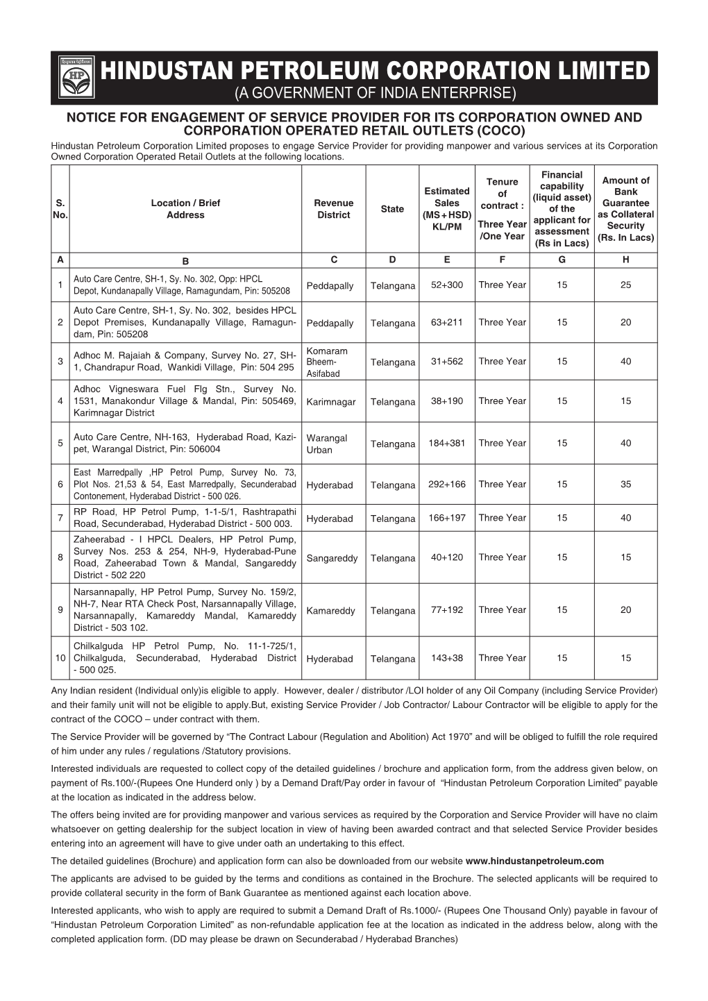 Notice for Engagement of Service Provider for Its Corporation Owned and Corporation Operated Retail Outlets (Coco)