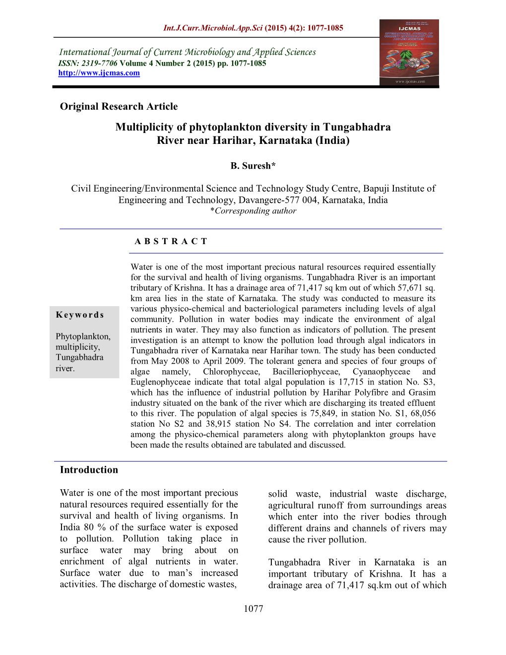 Multiplicity of Phytoplankton Diversity in Tungabhadra River Near Harihar, Karnataka (India)