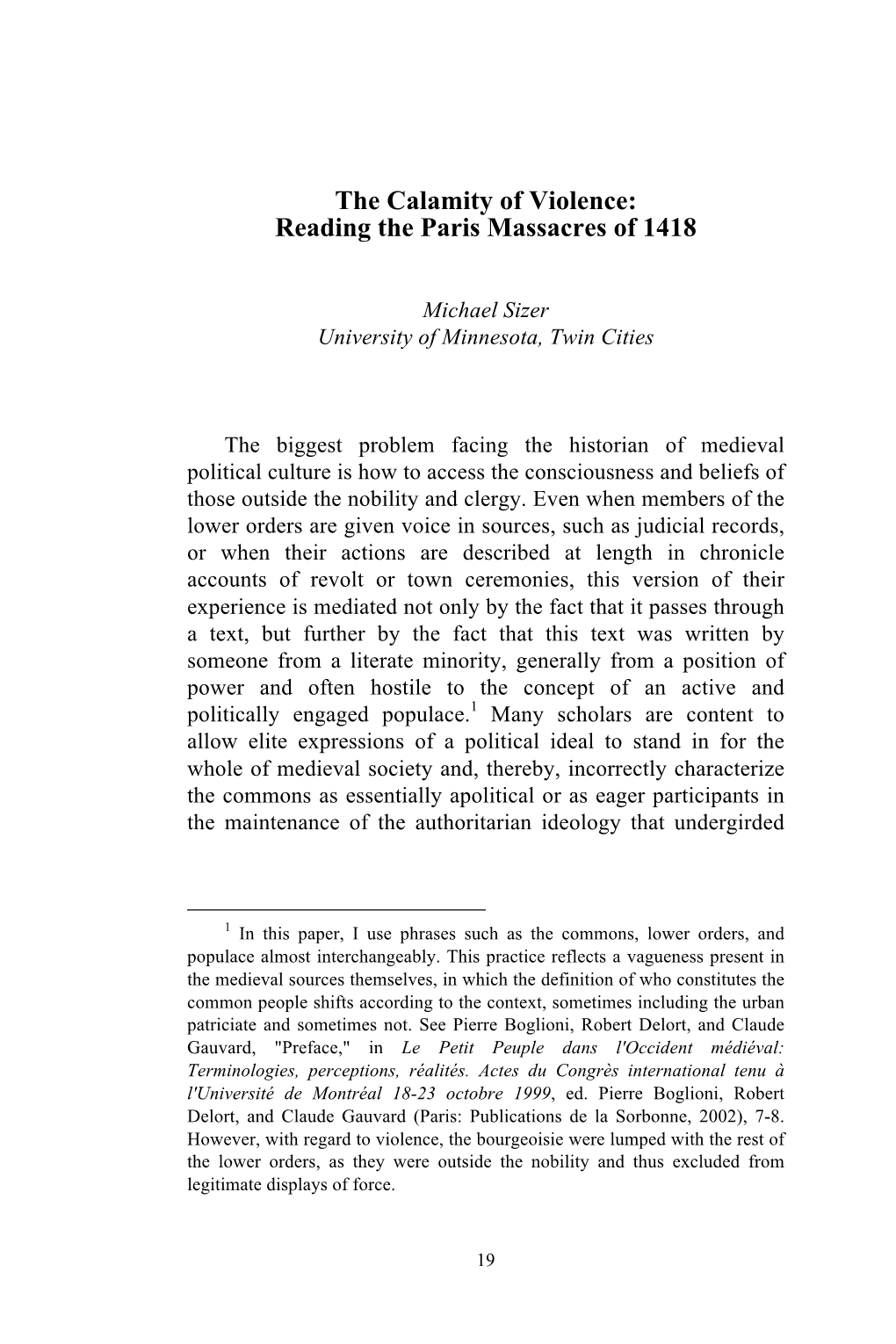 The Calamity of Violence: Reading the Paris Massacres of 1418