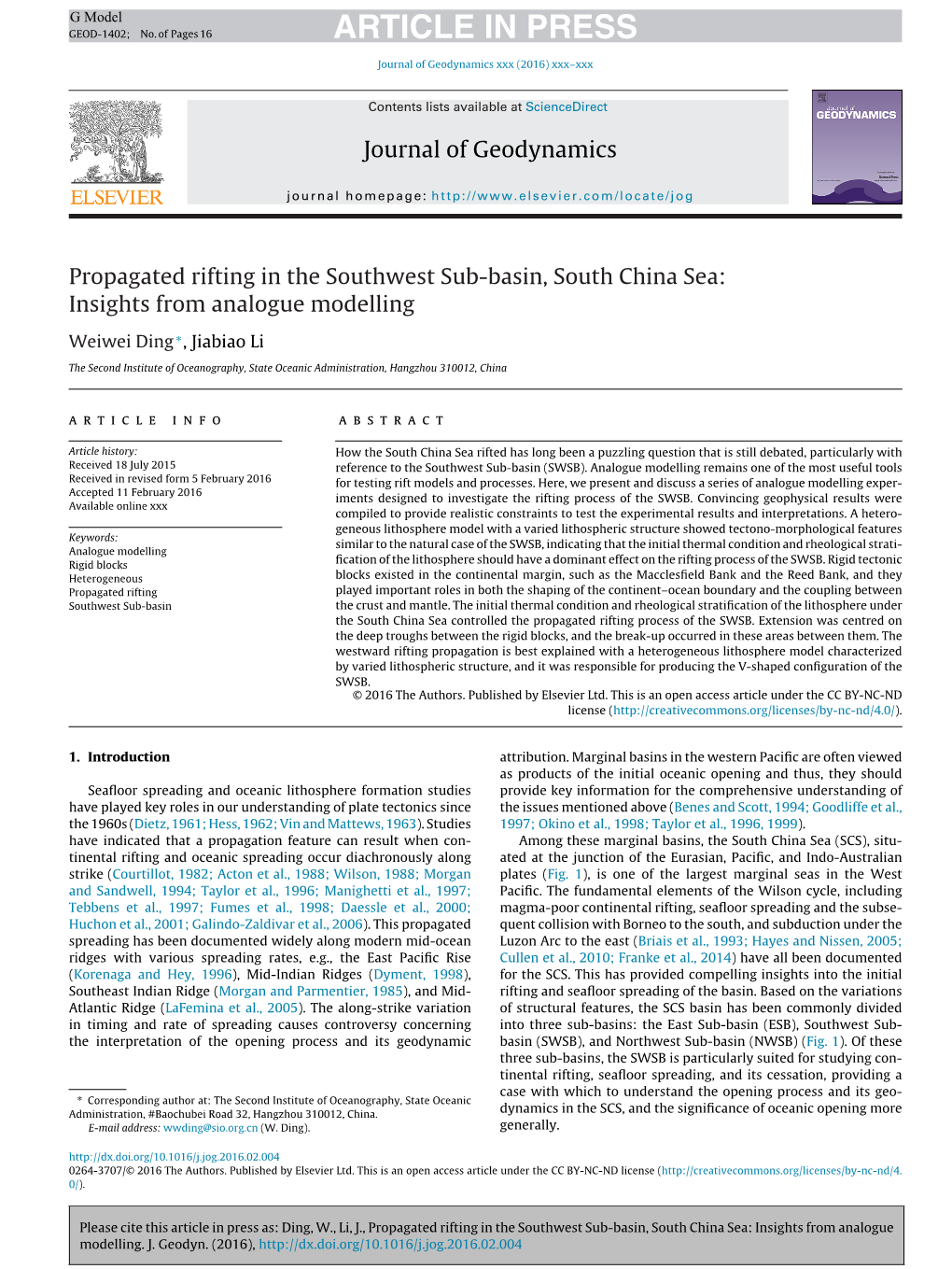 Propagated Rifting in the Southwest Sub-Basin, South China Sea