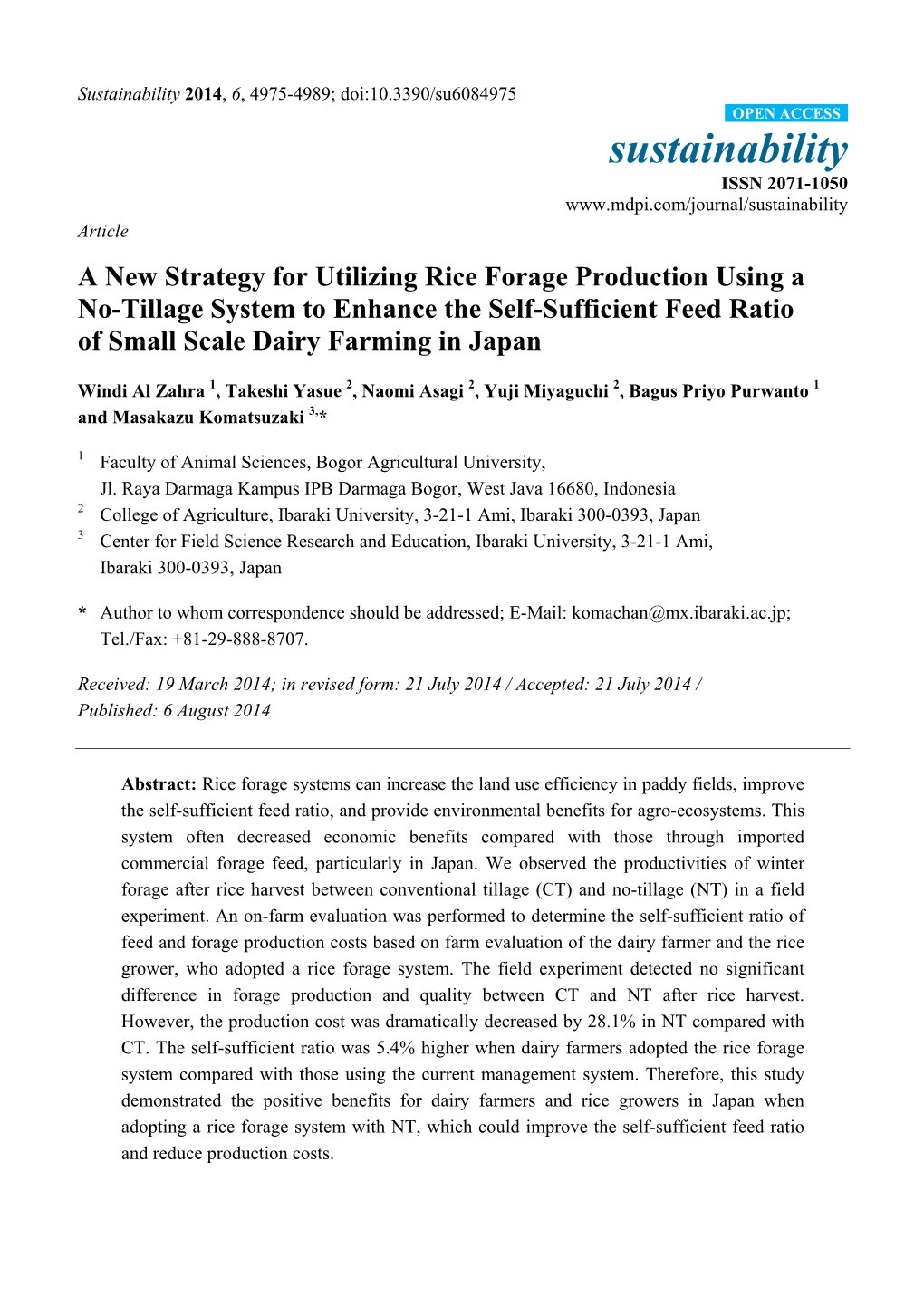 A New Strategy for Utilizing Rice Forage Production Using a No-Tillage System to Enhance the Self-Sufficient Feed Ratio of Small Scale Dairy Farming in Japan