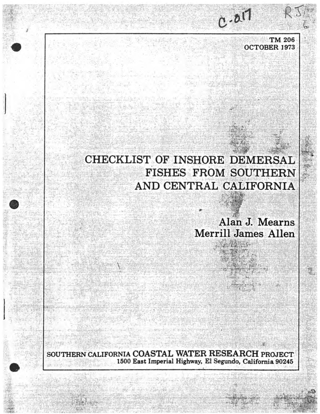 Checklist of Inshore Demersal Fishes from Southern and Central California